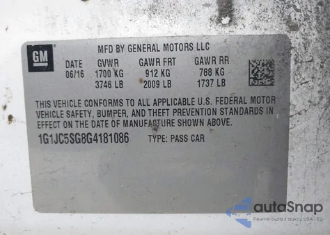 2016 Chevrolet Sonic Lt Auto из США, поврежденный, VIN 1G1JC5SG8G4181086